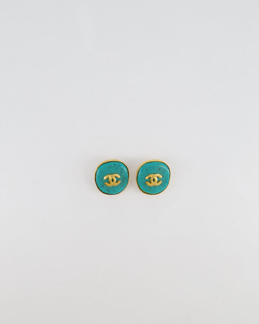 Chanel Vintage 95P Large Turquoise Rounded Clip On Earrings with Gold Rim Detail and CC Logo
