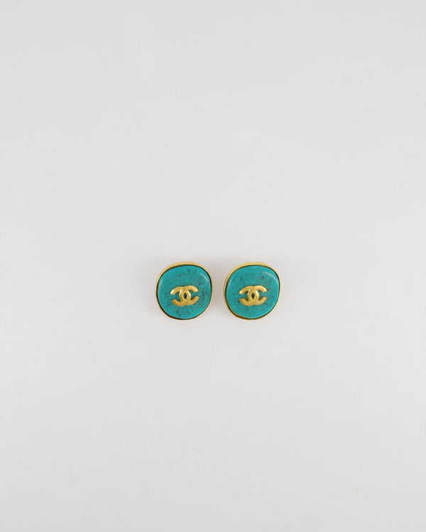 Chanel Vintage 95P Large Turquoise Rounded Clip On Earrings with Gold Rim Detail and CC Logo