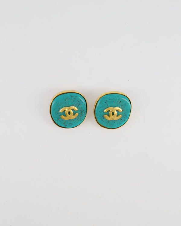 Chanel Vintage 95P Large Turquoise Rounded Clip On Earrings with Gold Rim Detail and CC Logo