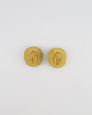 Chanel Vintage 95P Large Turquoise Rounded Clip On Earrings with Gold Rim Detail and CC Logo