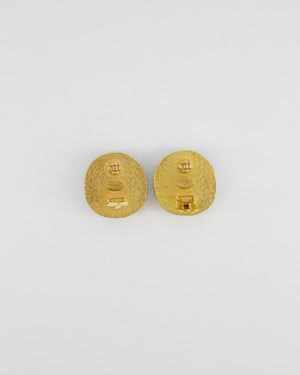 Chanel Vintage 95P Large Turquoise Rounded Clip On Earrings with Gold Rim Detail and CC Logo