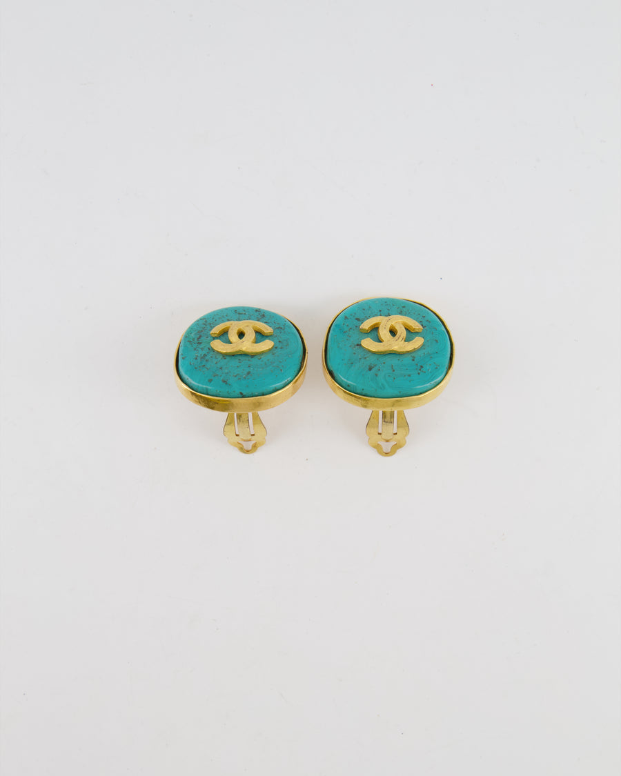 Chanel Vintage 95P Large Turquoise Rounded Clip On Earrings with Gold Rim Detail and CC Logo