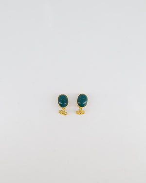 Chanel Vintage 95A Forest Green Stone Pendant Clip On Earrings with Gold Rim and CC Logo