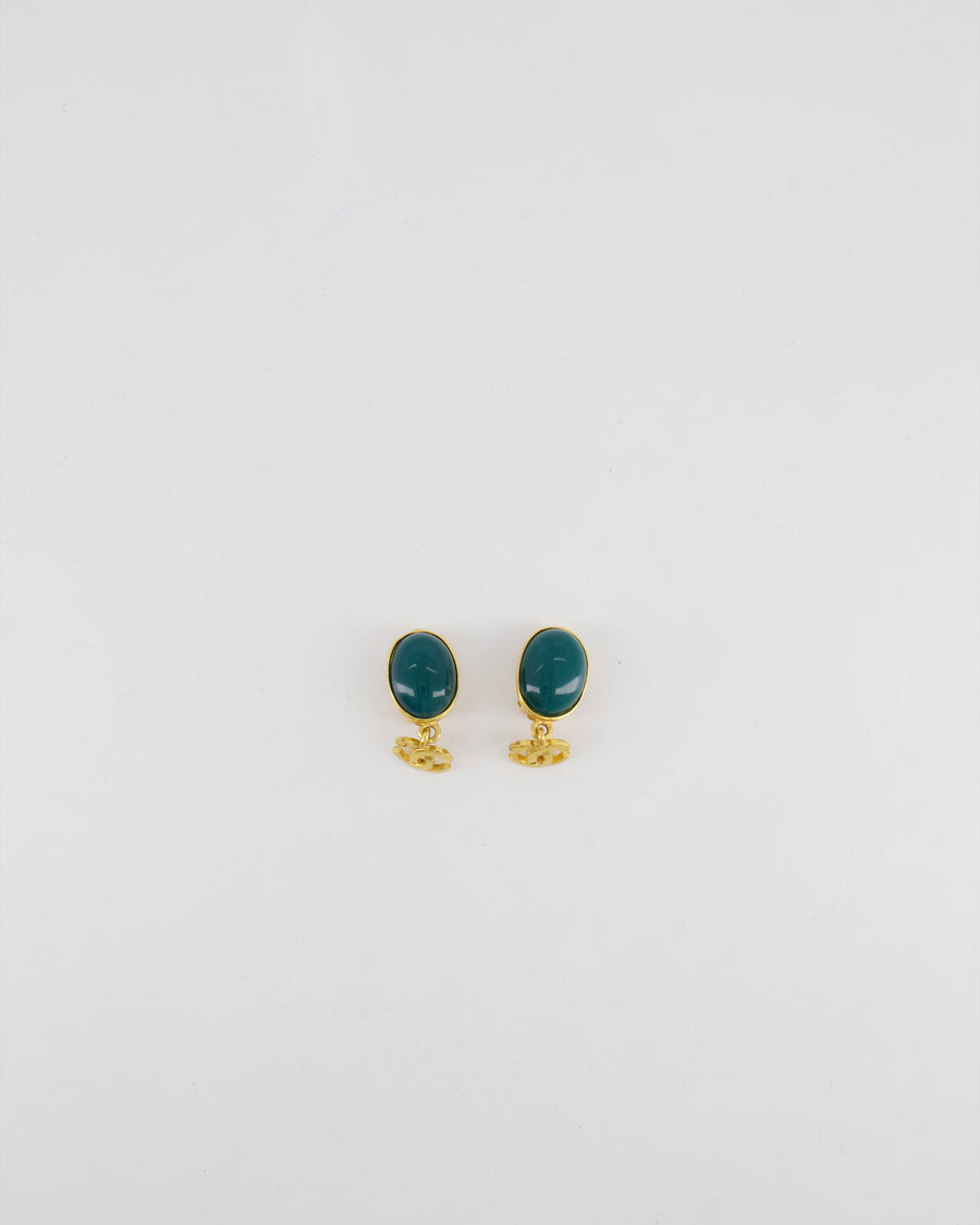 Chanel Vintage 95A Forest Green Stone Pendant Clip On Earrings with Gold Rim and CC Logo