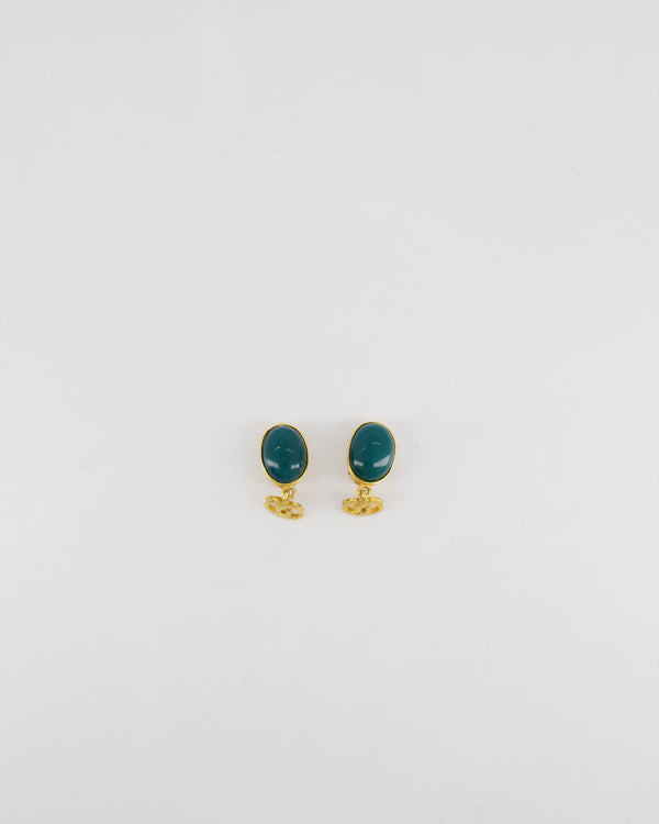 Chanel Vintage 95A Forest Green Stone Pendant Clip On Earrings with Gold Rim and CC Logo