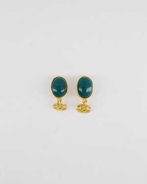 Chanel Vintage 95A Forest Green Stone Pendant Clip On Earrings with Gold Rim and CC Logo