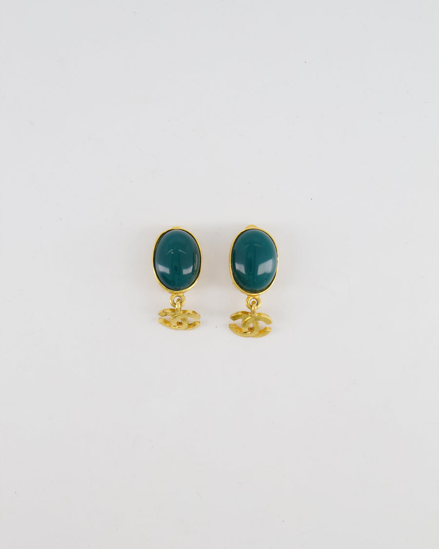 Chanel Vintage 95A Forest Green Stone Pendant Clip On Earrings with Gold Rim and CC Logo