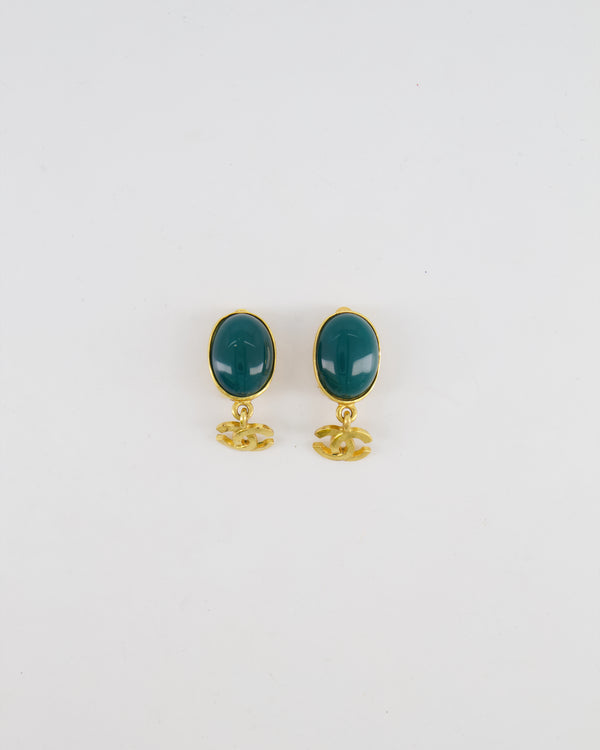 Chanel Vintage 95A Forest Green Stone Pendant Clip On Earrings with Gold Rim and CC Logo
