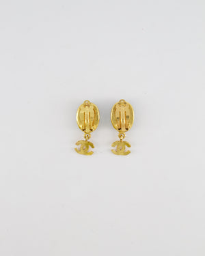 Chanel Vintage 95A Forest Green Stone Pendant Clip On Earrings with Gold Rim and CC Logo