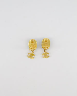 Chanel Vintage 95A Forest Green Stone Pendant Clip On Earrings with Gold Rim and CC Logo