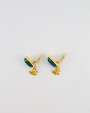 Chanel Vintage 95A Forest Green Stone Pendant Clip On Earrings with Gold Rim and CC Logo