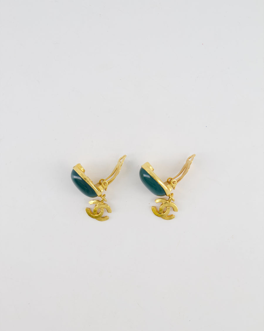 Chanel Vintage 95A Forest Green Stone Pendant Clip On Earrings with Gold Rim and CC Logo