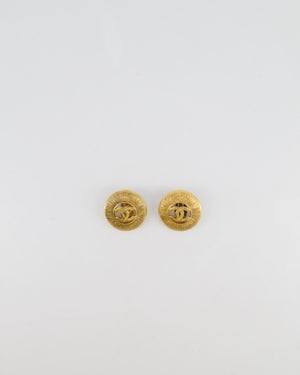Chanel Vintage Gold Large Round Button Clip On Earrings with Striped Detail and CC Logo