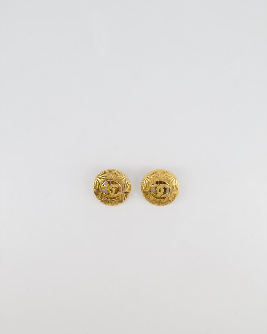 Chanel Vintage Gold Large Round Button Clip On Earrings with Striped Detail and CC Logo