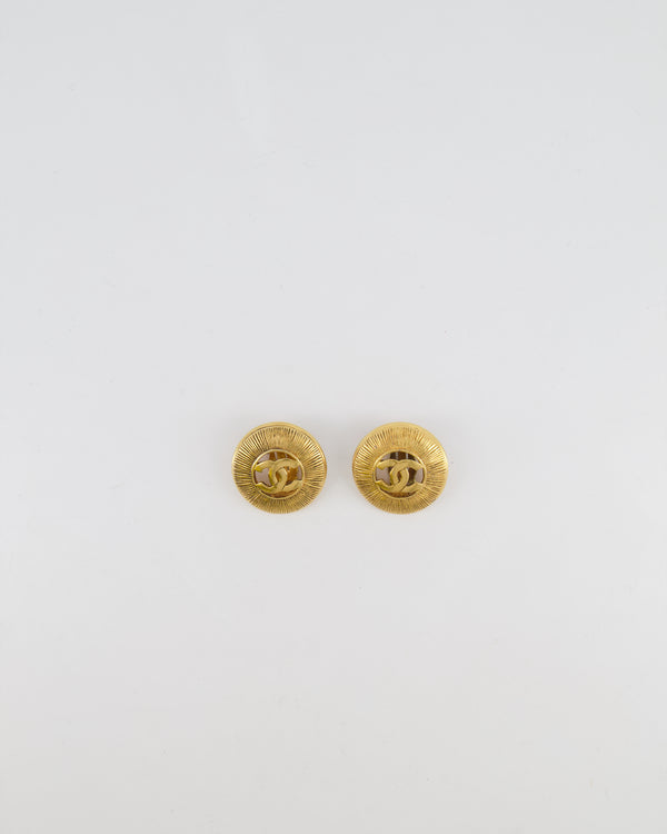 Chanel Vintage Gold Large Round Button Clip On Earrings with Striped Detail and CC Logo