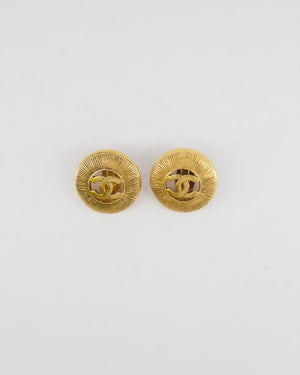 Chanel Vintage Gold Large Round Button Clip On Earrings with Striped Detail and CC Logo