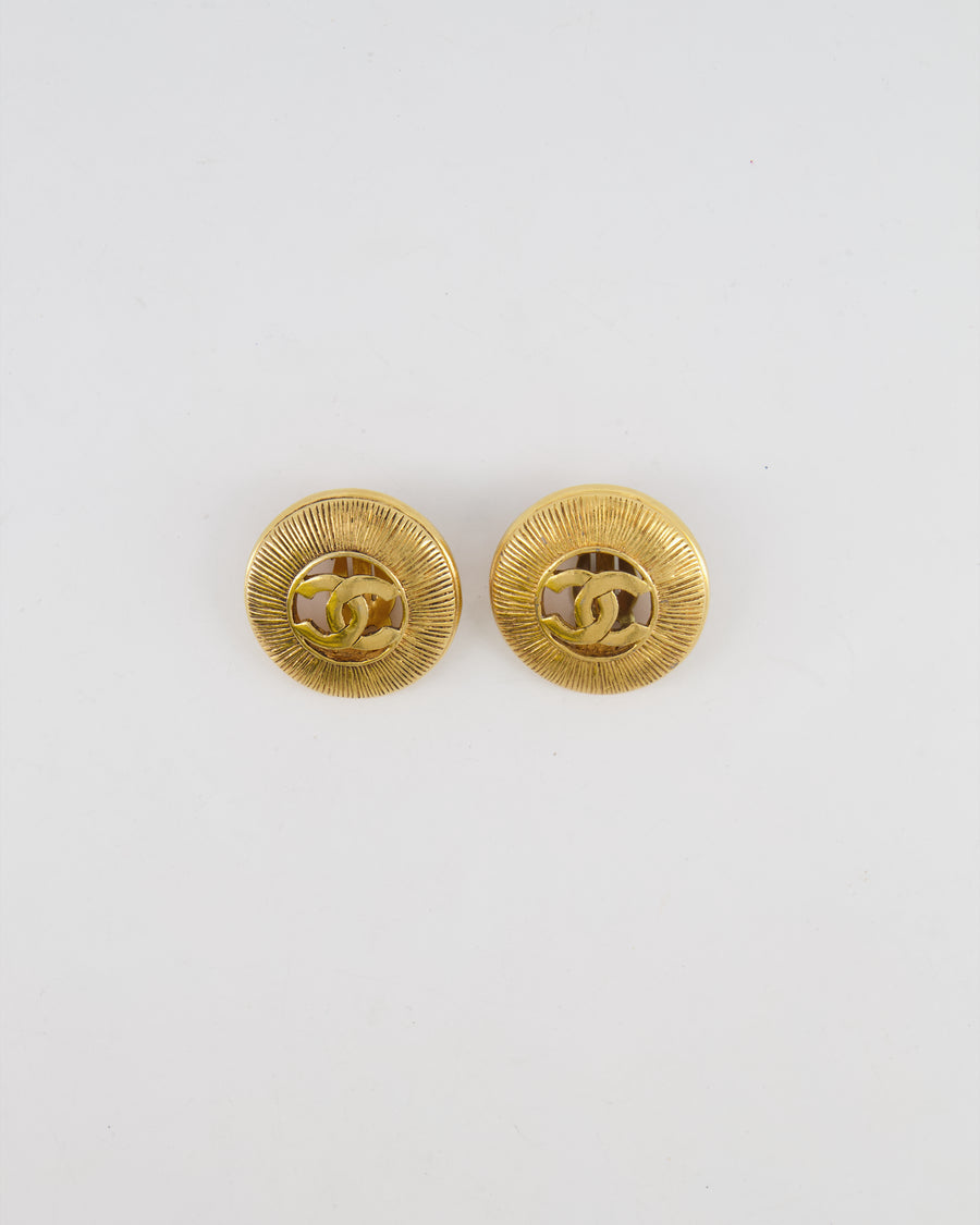 Chanel Vintage Gold Large Round Button Clip On Earrings with Striped Detail and CC Logo