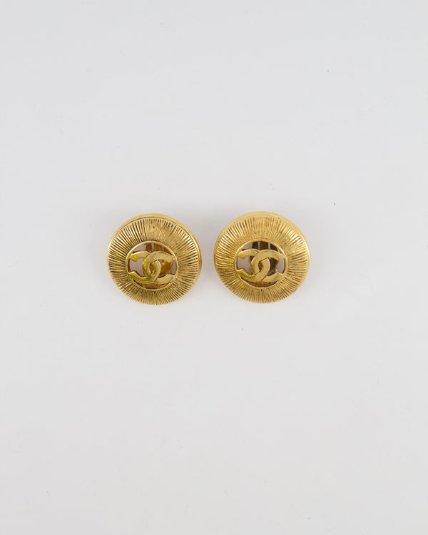 Chanel Vintage Gold Large Round Button Clip On Earrings with Striped Detail and CC Logo
