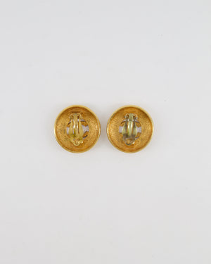 Chanel Vintage Gold Large Round Button Clip On Earrings with Striped Detail and CC Logo