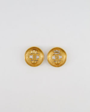 Chanel Vintage Gold Large Round Button Clip On Earrings with Striped Detail and CC Logo
