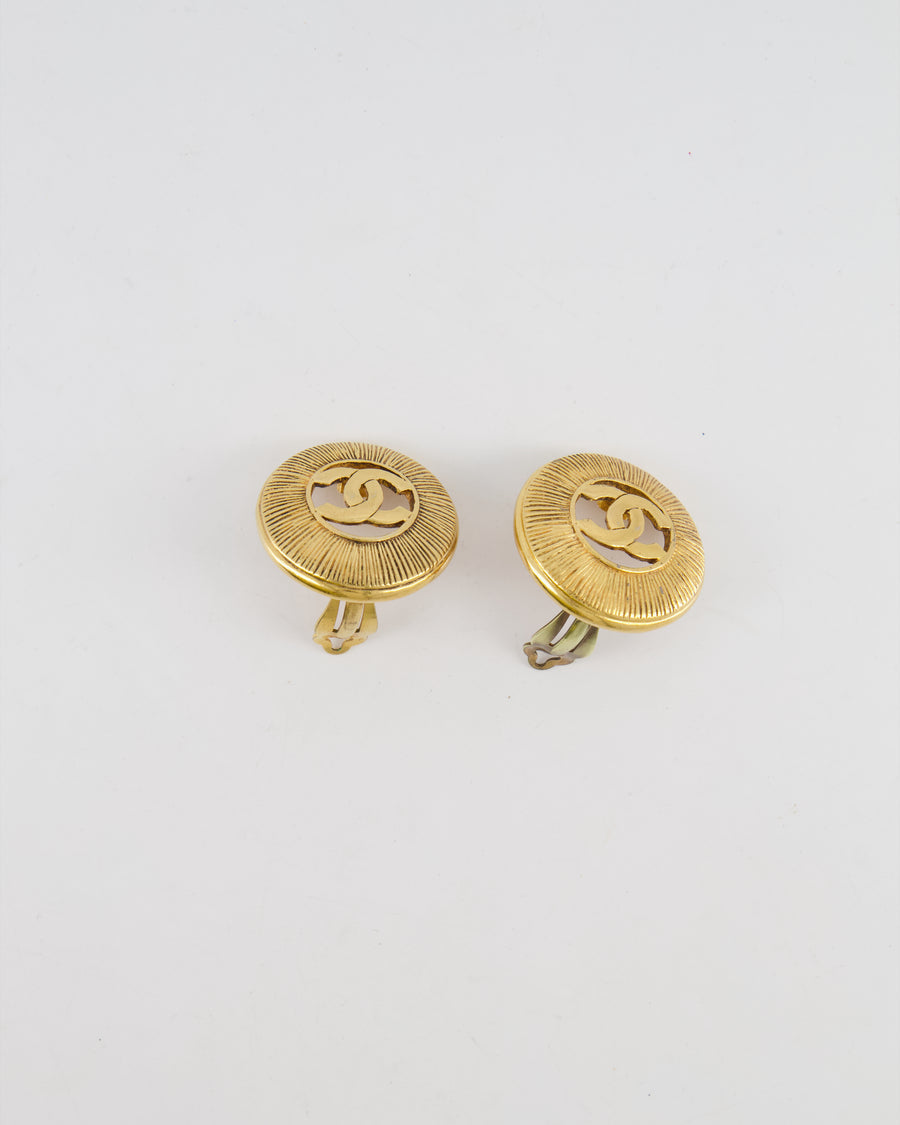Chanel Vintage Gold Large Round Button Clip On Earrings with Striped Detail and CC Logo