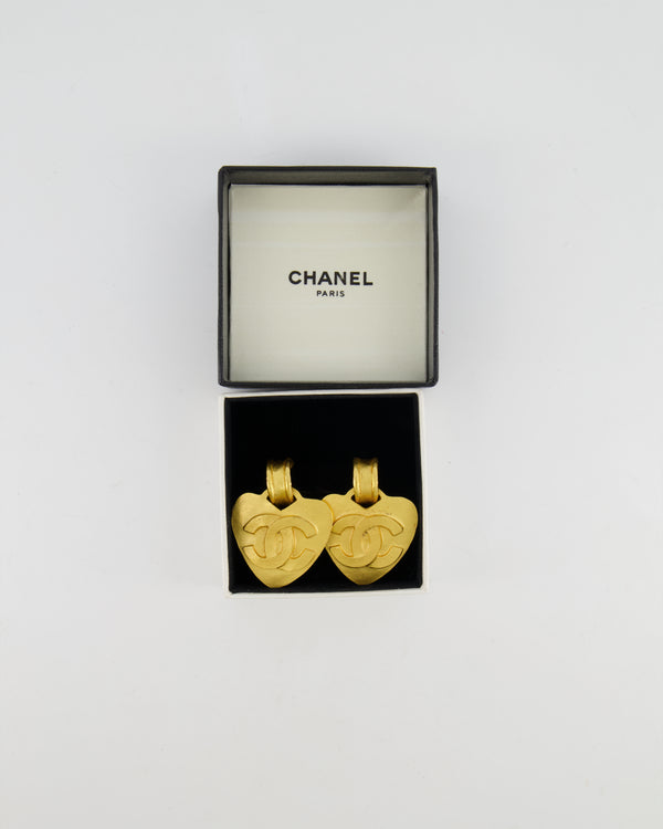 Chanel Vintage 95P Large Brushed Gold Heart Shaped Pendant Clip On Earrings with CC Logo