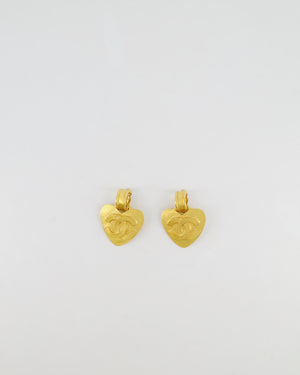 Chanel Vintage 95P Large Brushed Gold Heart Shaped Pendant Clip On Earrings with CC Logo