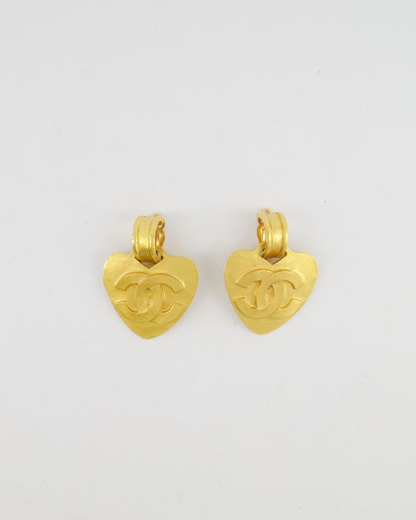 Chanel Vintage 95P Large Brushed Gold Heart Shaped Pendant Clip On Earrings with CC Logo