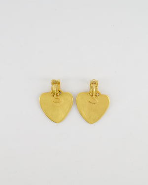 Chanel Vintage 95P Large Brushed Gold Heart Shaped Pendant Clip On Earrings with CC Logo