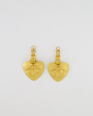 Chanel Vintage 95P Large Brushed Gold Heart Shaped Pendant Clip On Earrings with CC Logo