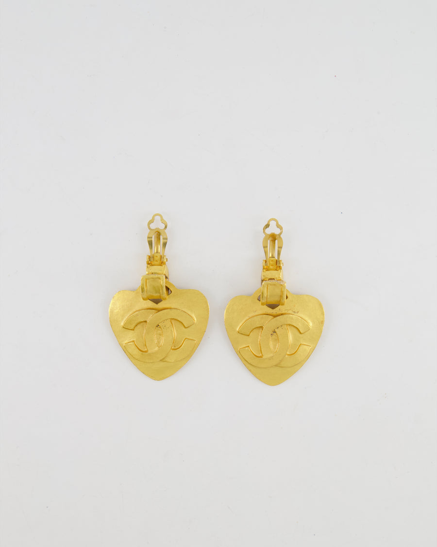Chanel Vintage 95P Large Brushed Gold Heart Shaped Pendant Clip On Earrings with CC Logo