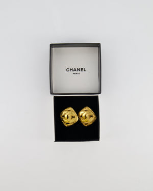Chanel Vintage 96A Brushed Gold Rhombus Shaped Clip On Earrings with Beaded Detail and CC Logo