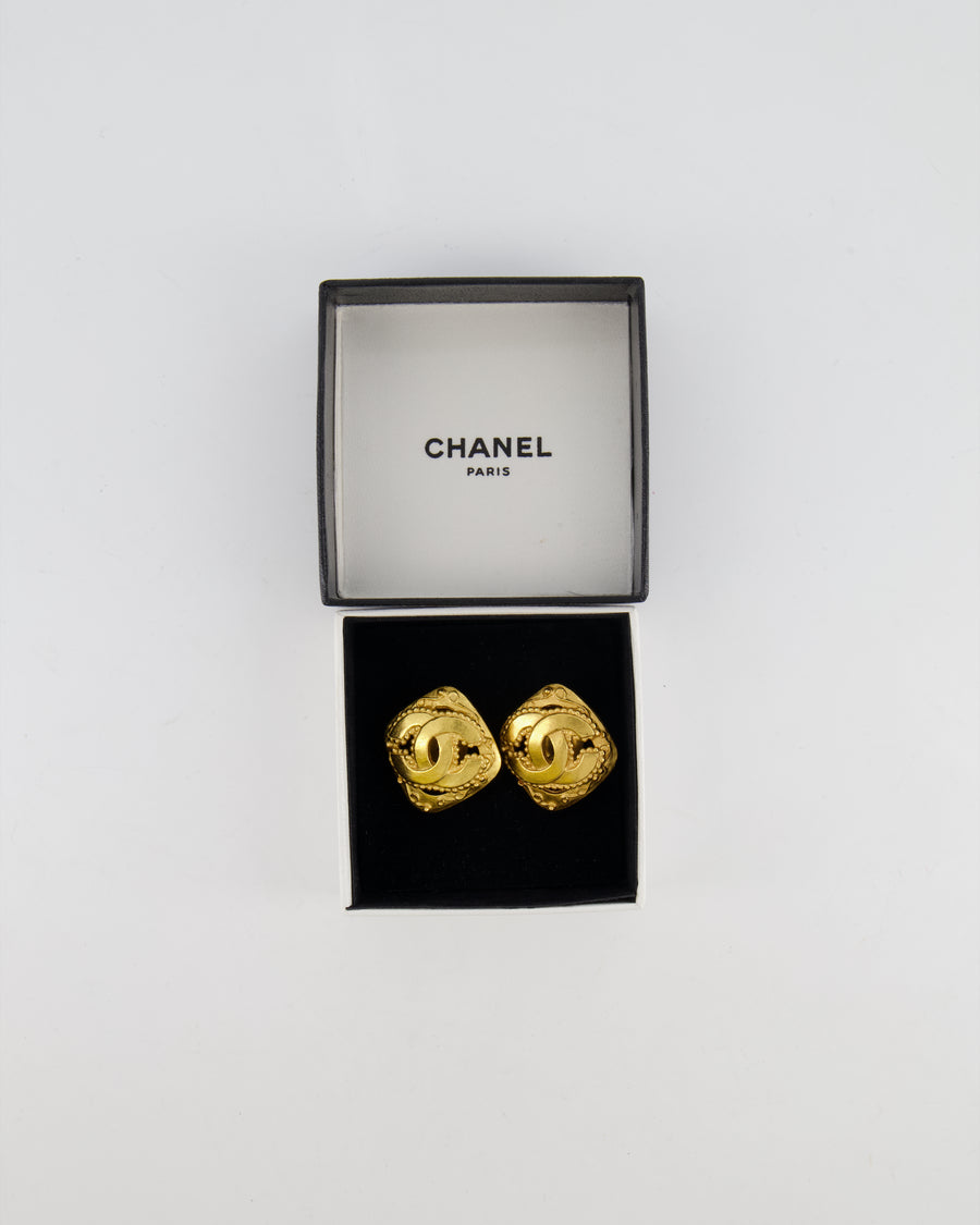 Chanel Vintage 96A Brushed Gold Rhombus Shaped Clip On Earrings with Beaded Detail and CC Logo