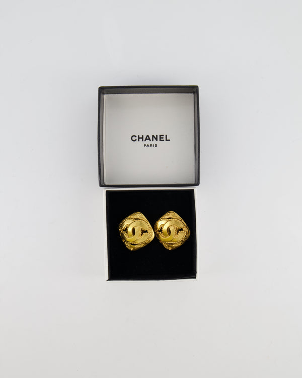 Chanel Vintage 96A Brushed Gold Rhombus Shaped Clip On Earrings with Beaded Detail and CC Logo