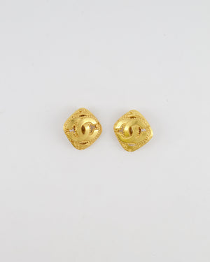Chanel Vintage 96A Brushed Gold Rhombus Shaped Clip On Earrings with Beaded Detail and CC Logo