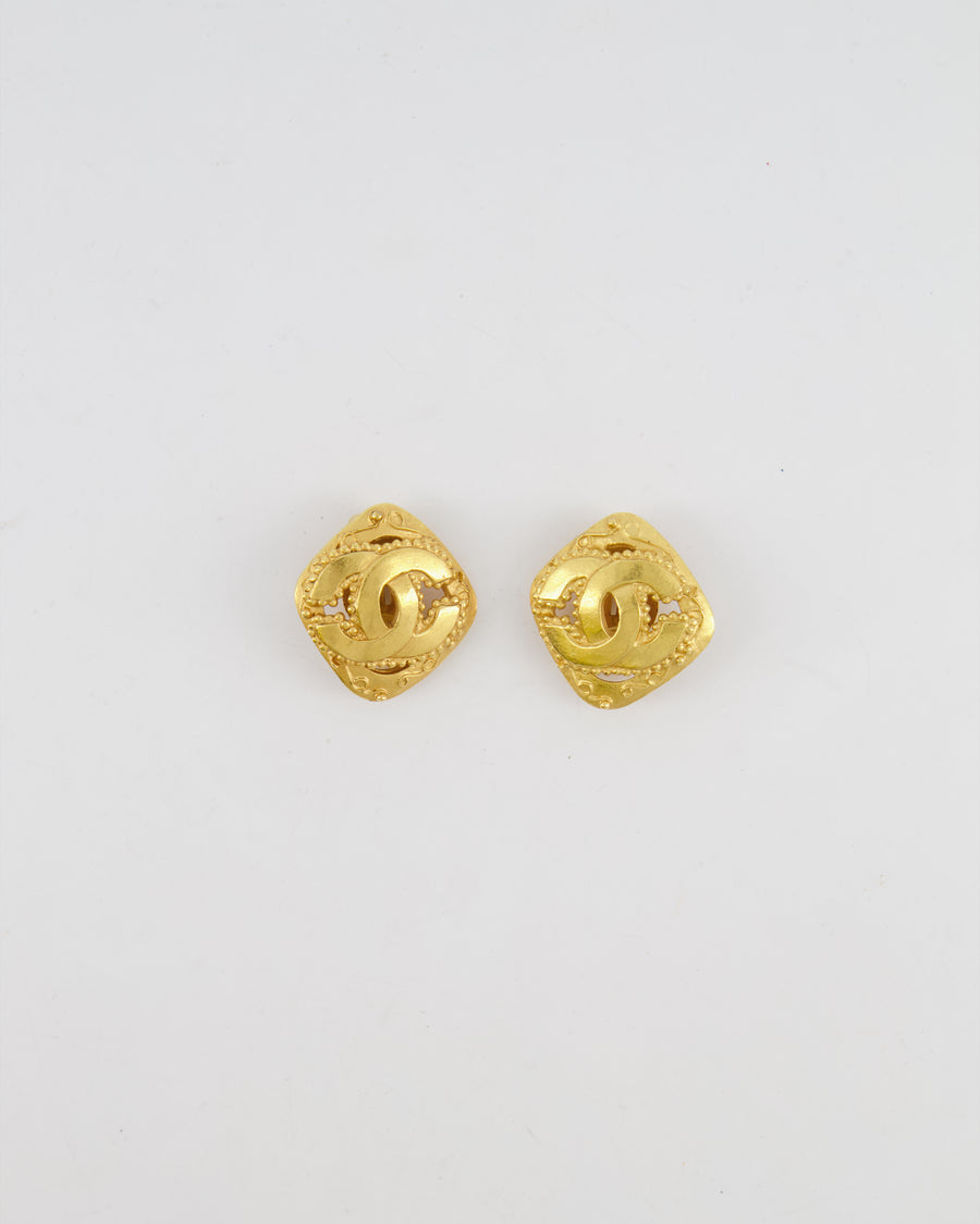Chanel Vintage 96A Brushed Gold Rhombus Shaped Clip On Earrings with Beaded Detail and CC Logo