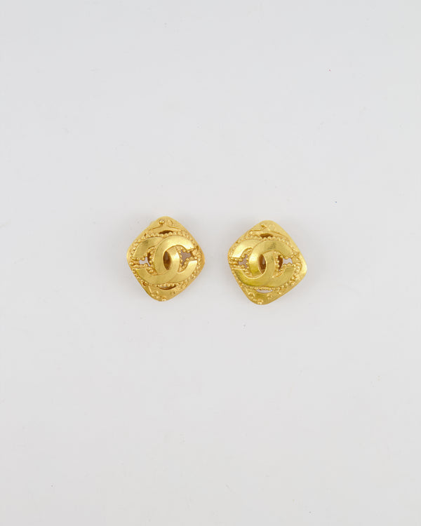 Chanel Vintage 96A Brushed Gold Rhombus Shaped Clip On Earrings with Beaded Detail and CC Logo