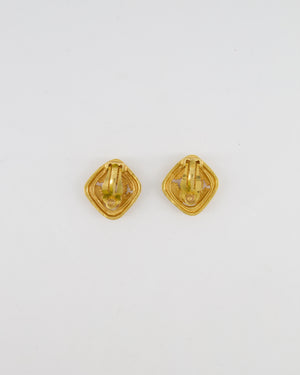 Chanel Vintage 96A Brushed Gold Rhombus Shaped Clip On Earrings with Beaded Detail and CC Logo