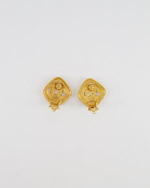 Chanel Vintage 96A Brushed Gold Rhombus Shaped Clip On Earrings with Beaded Detail and CC Logo