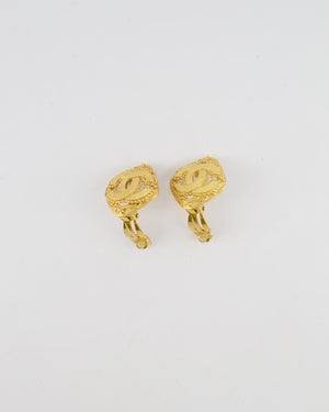 Chanel Vintage 96A Brushed Gold Rhombus Shaped Clip On Earrings with Beaded Detail and CC Logo