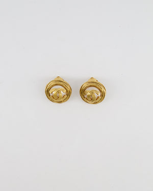 Chanel Vintage 94A Gold Spiral Round Clip On Earrings with Embedded Pearl and Gold CC Logo