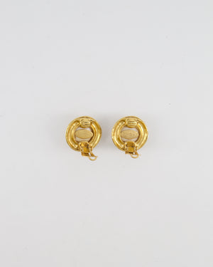 Chanel Vintage 94A Gold Spiral Round Clip On Earrings with Embedded Pearl and Gold CC Logo