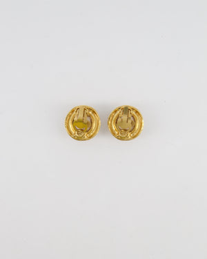 Chanel Vintage 94A Gold Spiral Round Clip On Earrings with Embedded Pearl and Gold CC Logo