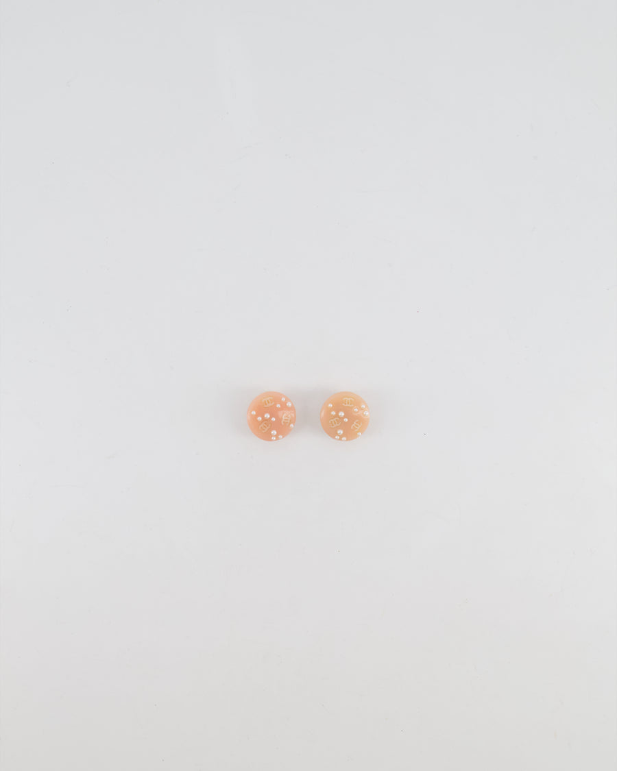 Chanel Vintage Blush Pink Round Clip On Earrings with Pearl Embellishments and CC Logo Details