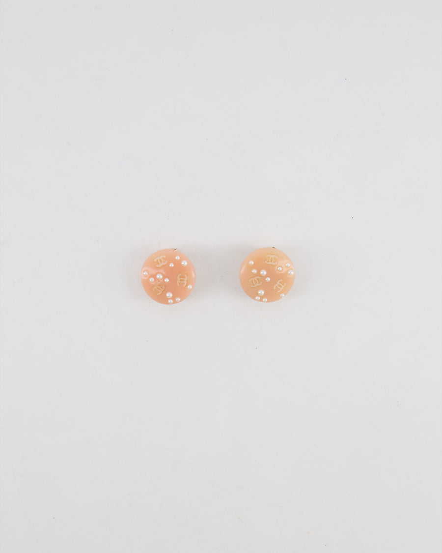 Chanel Vintage Blush Pink Round Clip On Earrings with Pearl Embellishments and CC Logo Details