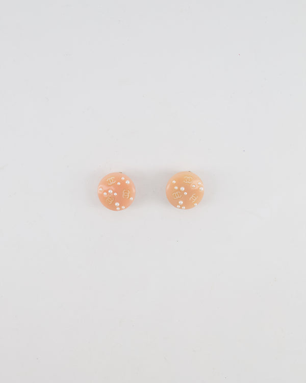 Chanel Vintage Blush Pink Round Clip On Earrings with Pearl Embellishments and CC Logo Details