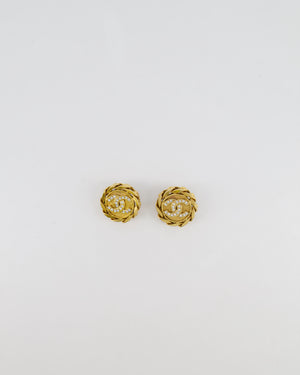 Chanel Vintage Gold Round Chain Link Clip On Earrings with Crystal Embellished CC Logo