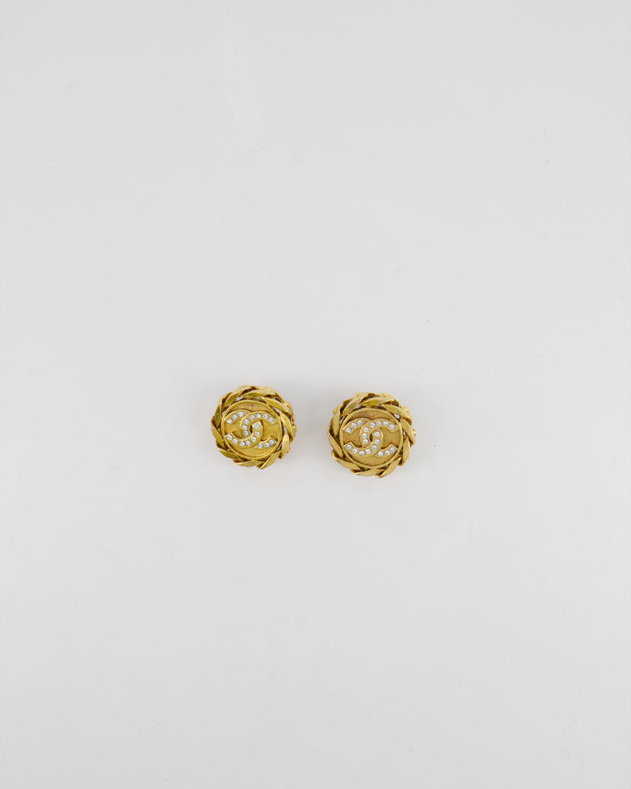 Chanel Vintage Gold Round Chain Link Clip On Earrings with Crystal Embellished CC Logo