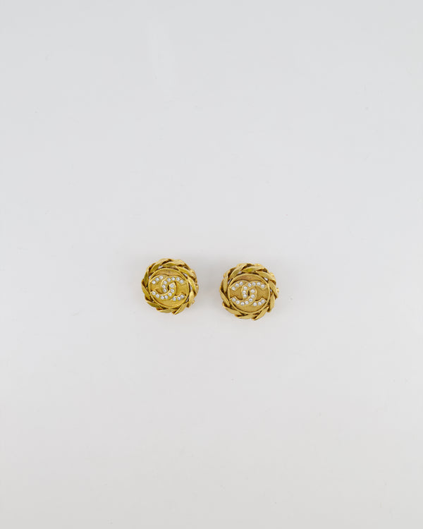 Chanel Vintage Gold Round Chain Link Clip On Earrings with Crystal Embellished CC Logo