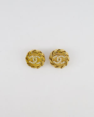 Chanel Vintage Gold Round Chain Link Clip On Earrings with Crystal Embellished CC Logo